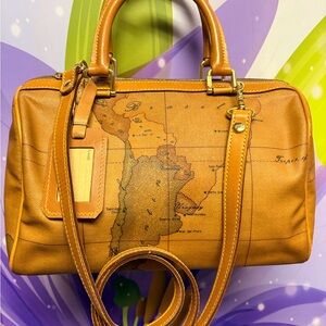 Alviero Martini Cognac Map-Print Satchel with Detachable Strap
